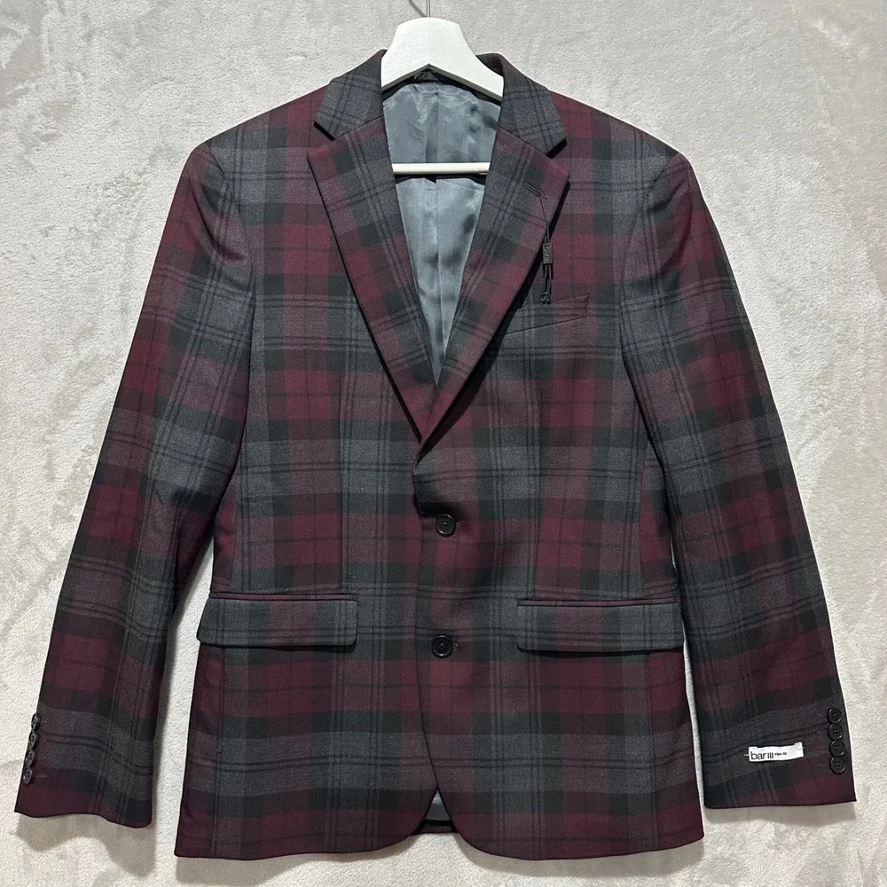 Bar III Men 36S Slim Fit Burgundy Plaid Blazer Sport Coat TELL1CJZ0040 NWT